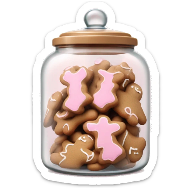 Realistic glass cookie jar with light pink lid full of gingerbread cookies isolated.  sticker