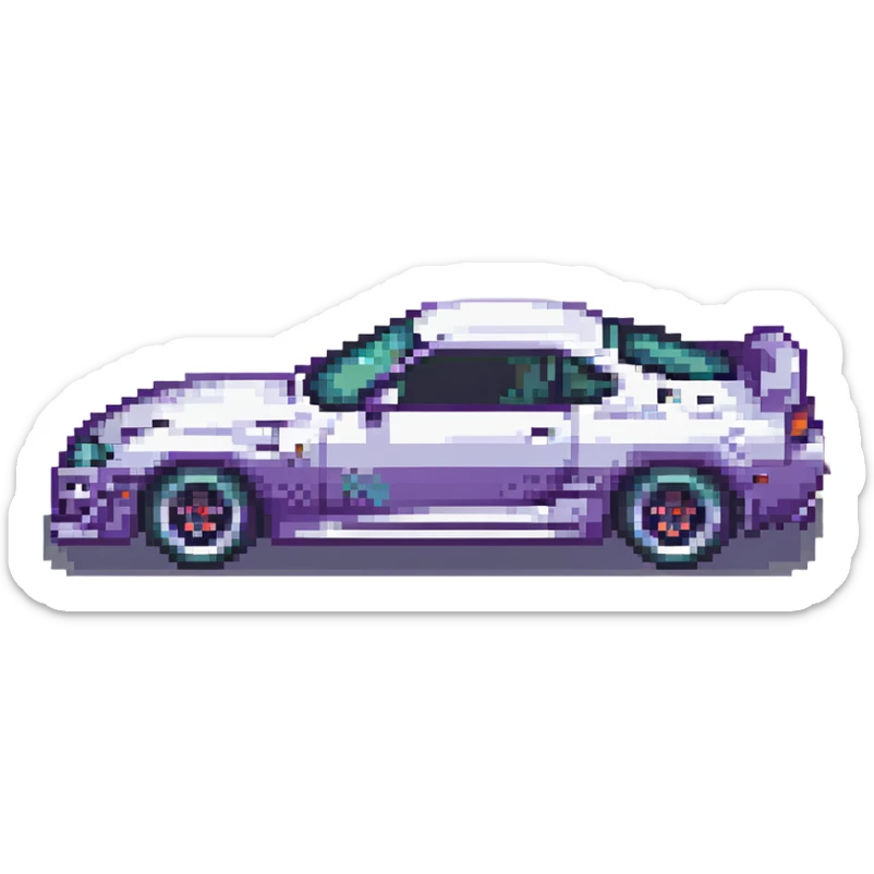 Toyota Supra sports car, side view, pixel art style, vibrant colors, retro video game look sticker