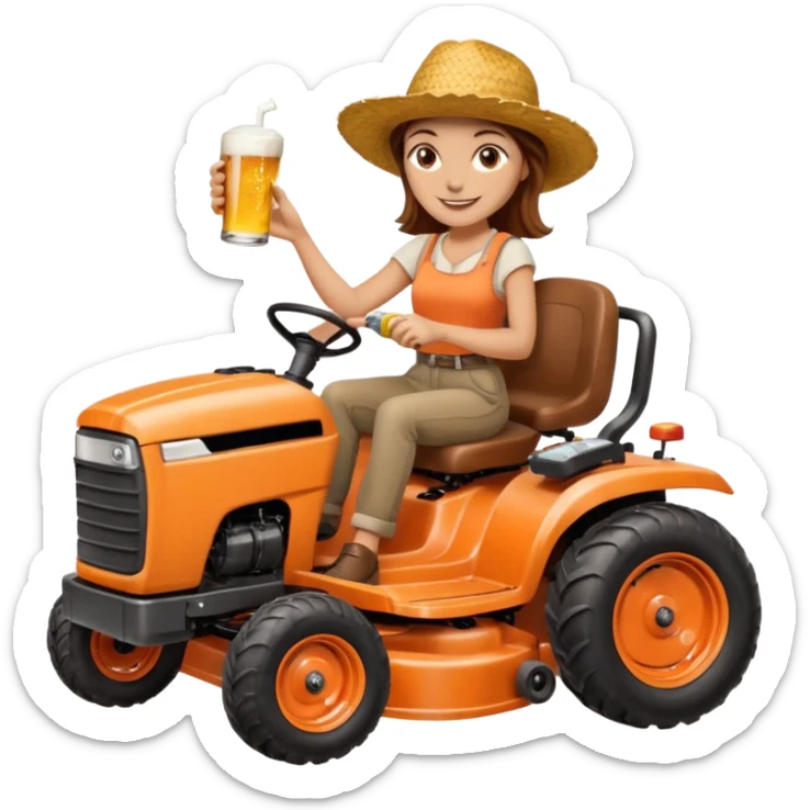 White woman with brown hair, without glasses wearing a straw hat, on old orange ride on lawn mower, holding a beer with one hand and holding the steering wheel with the other hand. Woman is smiling.  sticker
