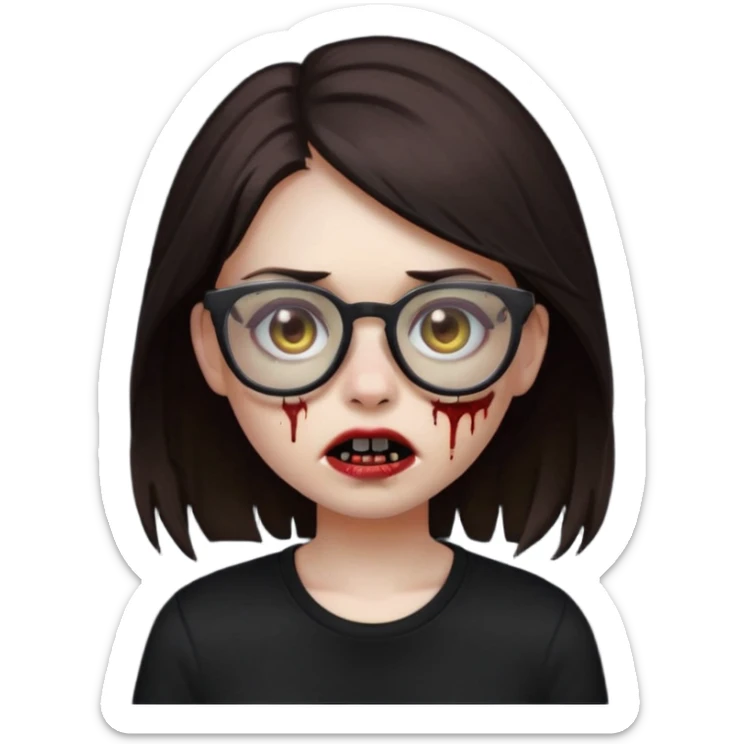 apple emoji zombie girl with dark brown emo hair and black shirt and glasses sticker