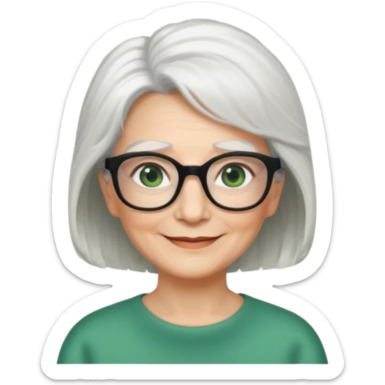 White hair grandma, green eyes, hair to shoulder, lokeg black glasses, rectangles face, smile , sticker