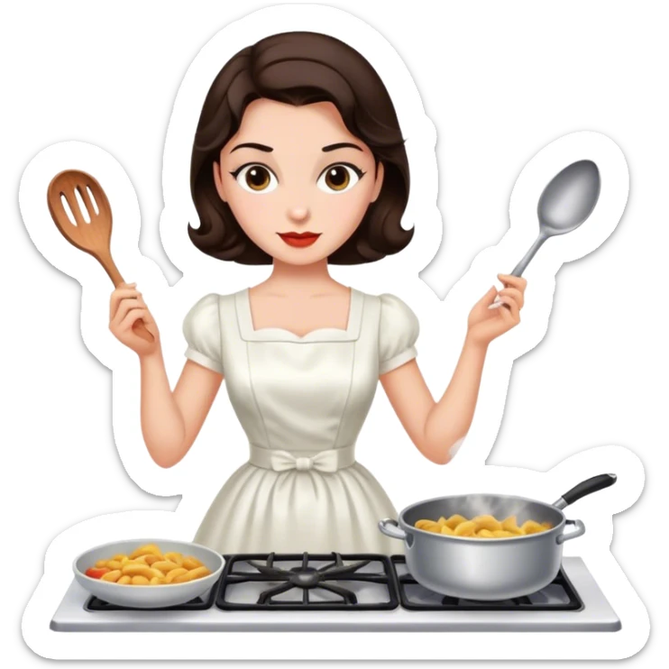 Beautiful woman in 1950’s woman fashion look, white dress, long dark brown hair, cooking sticker