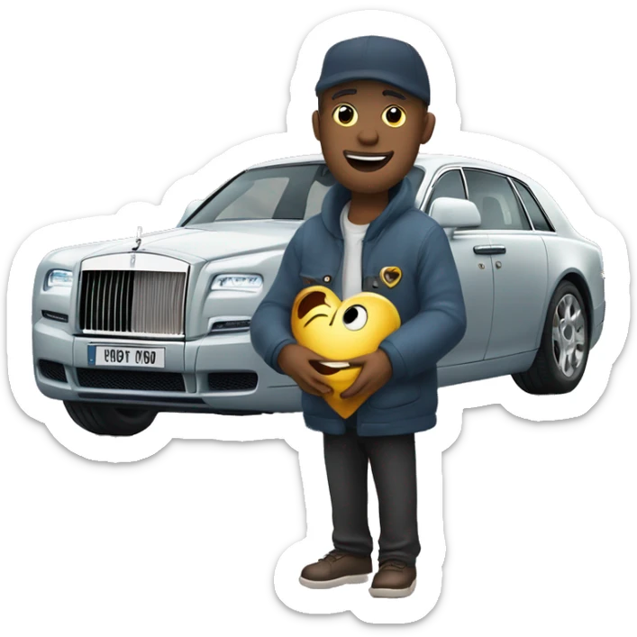 man hold frozen heart near rolls royce that has car number "miss you" sticker