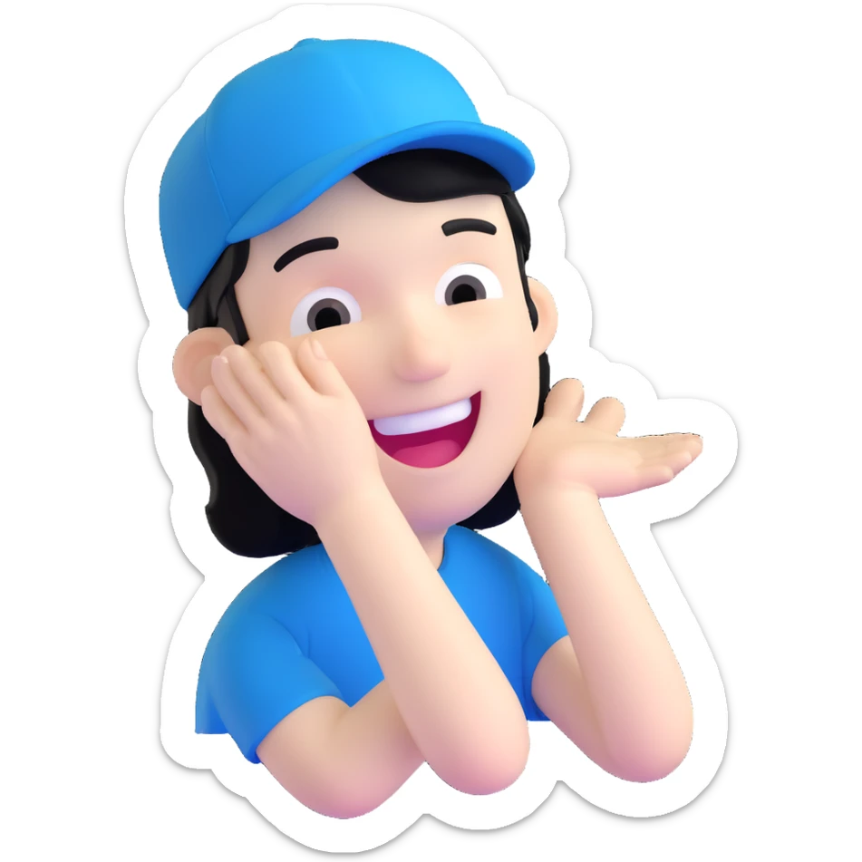 man with black hair and white skin wearing a blue cap hat, laughing sticker