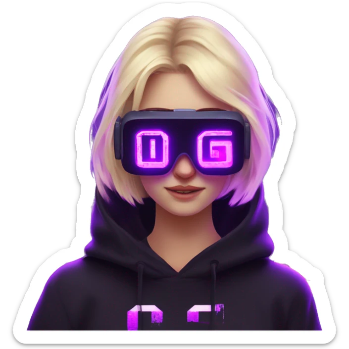 Russian cute blond student girl wearing black hoody with violet letters "OMG", in vr headset. No eyes. Cyberpunk style. Violet neon. sticker