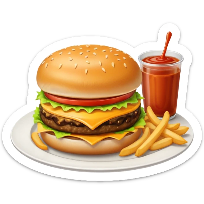 i want a Cheeseburger and Fries with a angle to 15–20° gentle bird’s-eye angle with Sause on white plate  sticker