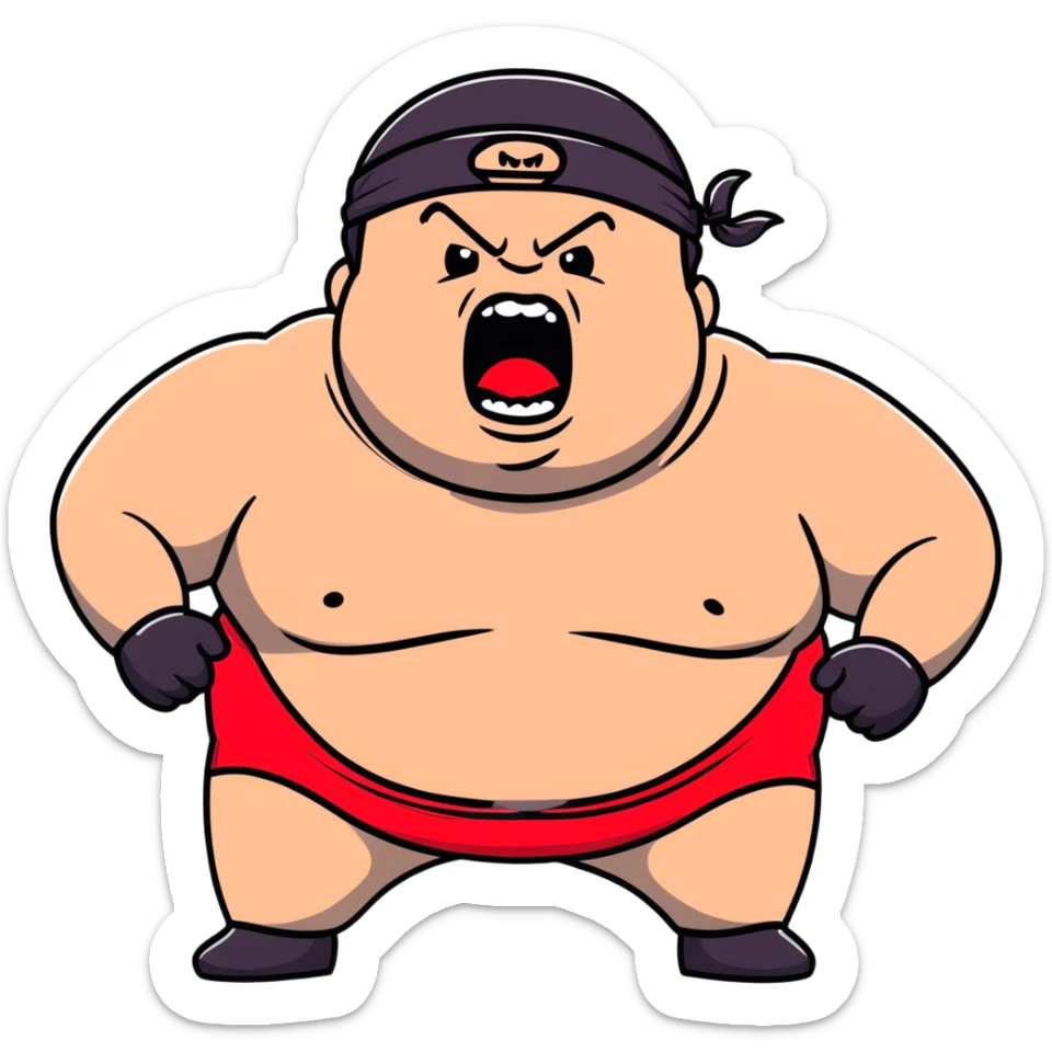 Extreme close-up of face of morbidly obese white skin guy with young face, prominent BLACK DURAG tied clearly on head, black beard but no mustache, clean shaven upper lip, black eyes in a red and black wrestling singlet with mouth wide open screaming angrily sticker