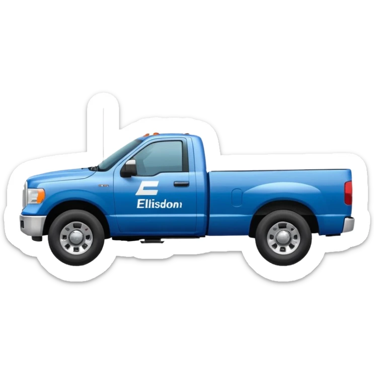 SINGLE WHITE PICKUP TRUCK SIDE VIEW ELLISDON WRITTEN ON SIDE OF TRUCK BLUE LETTERS sticker