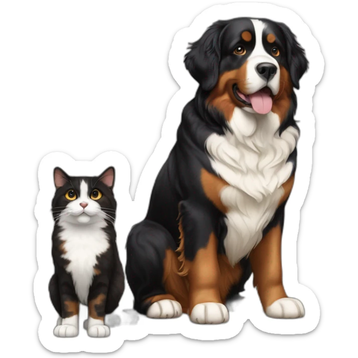 A Bernese dog next to A black and brown tortoiseshell cat with no white fur sticker