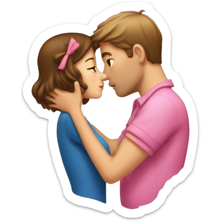 A guy with brown short hair and a girl with brown hair and a pink bow are kissing sticker