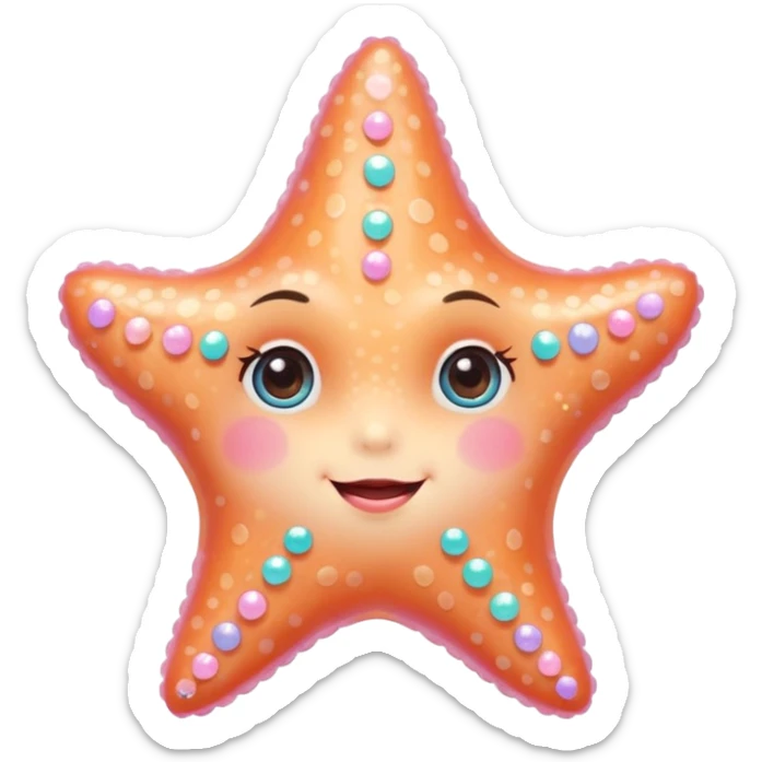 sweet starfish with plastic shine, large sparkling eyes, petite body, sweet smile, rosy cheeks, delicate textures, pastel colors with bright pops, small heart accessory, detailed shading sticker