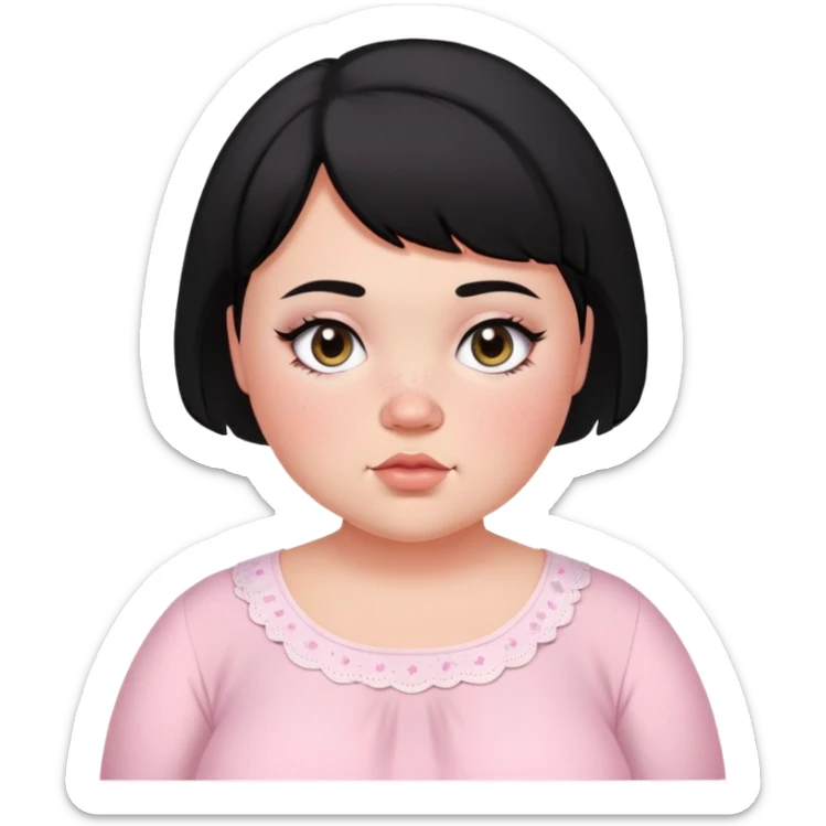 black short haired chubby girl with black eyes and fair skin with freckles in a light pink coquette blouse sticker