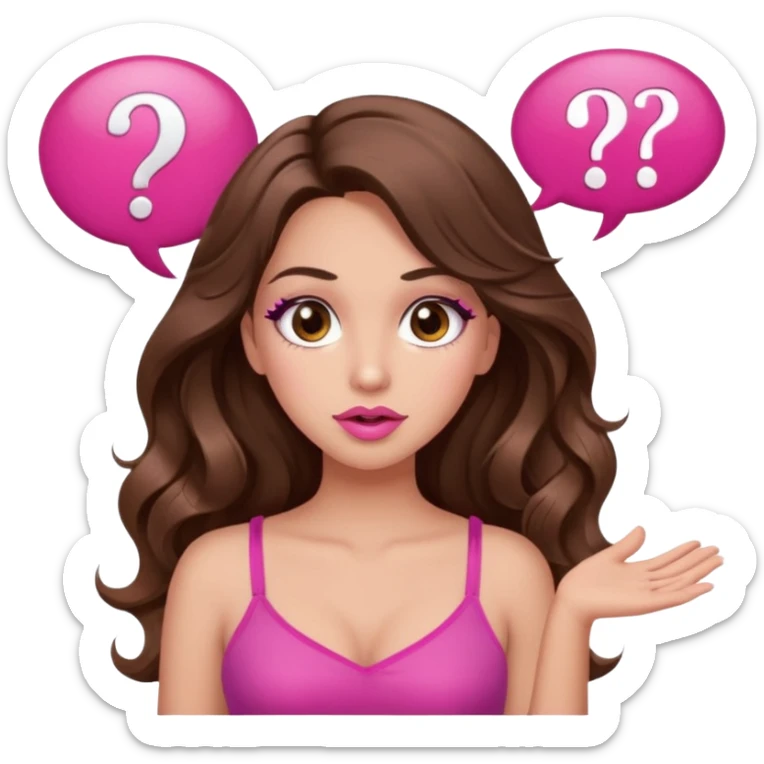 girl with long wavy brown hair, brown eyes, long lashes makeup, sexy pink lips, light to medium complexion, wearing a pink sexy top, shugging, question mark one speech bubble sticker