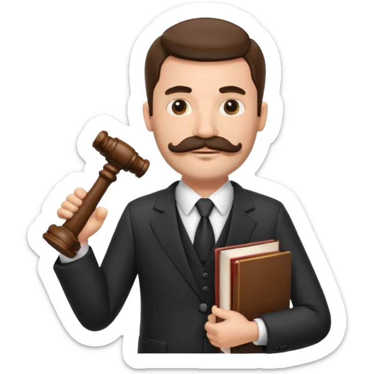 Create a male lawyer. he is wearing a fromal suit jckeret. He is holding a gavel in one hand and a book tucked under his another arm. He has a mustache and BEARD both! sticker