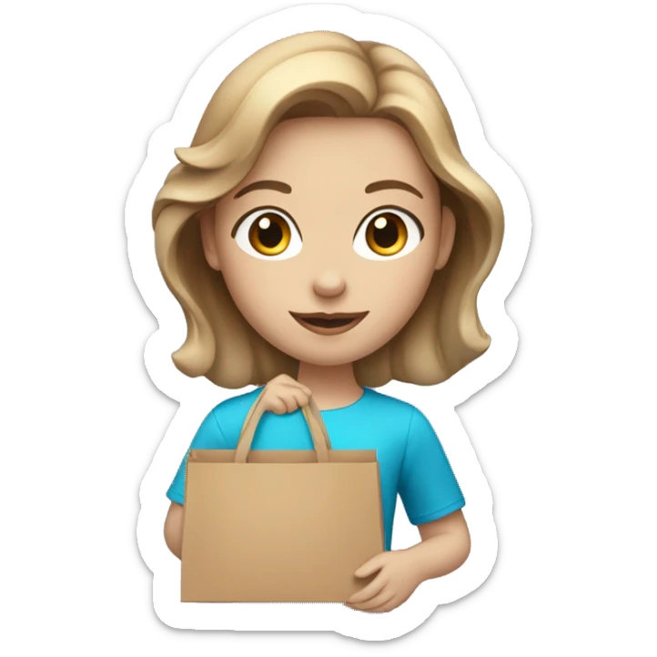 fair skinned girl with light brown hair and blue eyes holding a shopping bag sticker