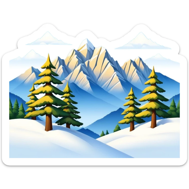 Huangshan Yellow Mountain winter snow peaks with pine trees, simplified emoji style with bold outlines and bright colors, cartoon style snowy mountains sticker