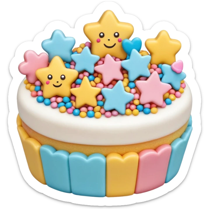 small scatter of colorful sprinkles, sugar pearls, and tiny fondant shapes (stars, hearts, flowers), glossy pastel and bright tones, textures vary smooth crunchy or soft, delicately detailed shapes, soft lighting, subtle shadows, transparent background, emoji scale sticker