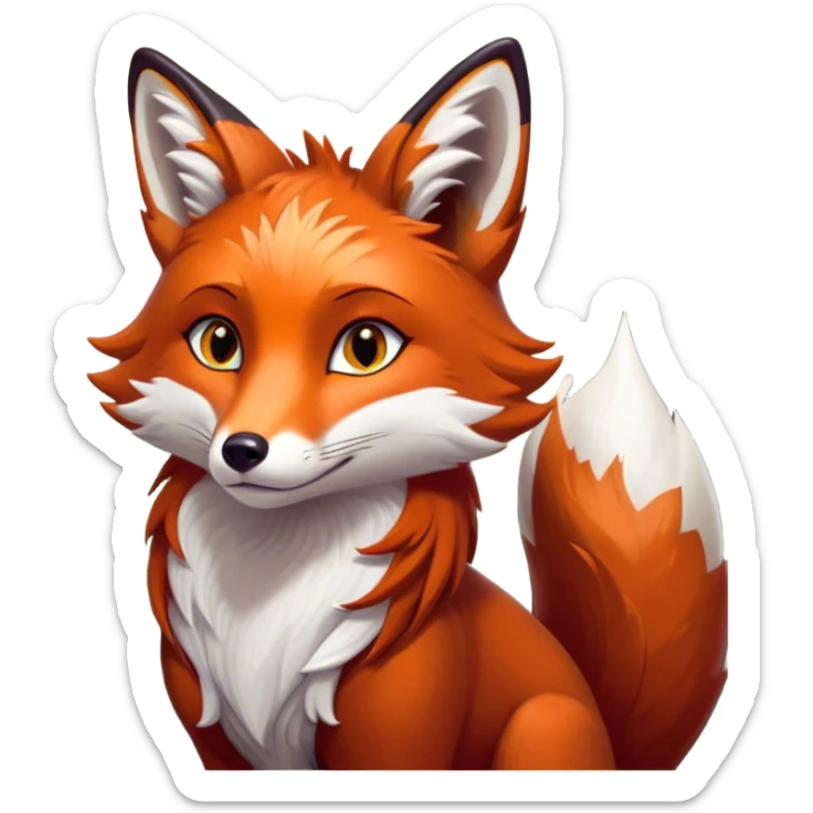 Cinematic Noble Fox Portrait Emoji, Poised and regal, with a lithe, agile build and a lush, fiery red Fur accented by white markings on the chest and tip of the tail, deep-set soulful amber eyes, Simplified yet sharp and sophisticated features, highly detailed, glowing with a warm, dignified glow, high shine, intelligent and cunning, stylized with an air of wild elegance, focused and attentive, soft glowing outline, capturing the essence of a watchful and confident forest wanderer, so majestic it feels as though it could dash out of the screen with effortless authority! sticker