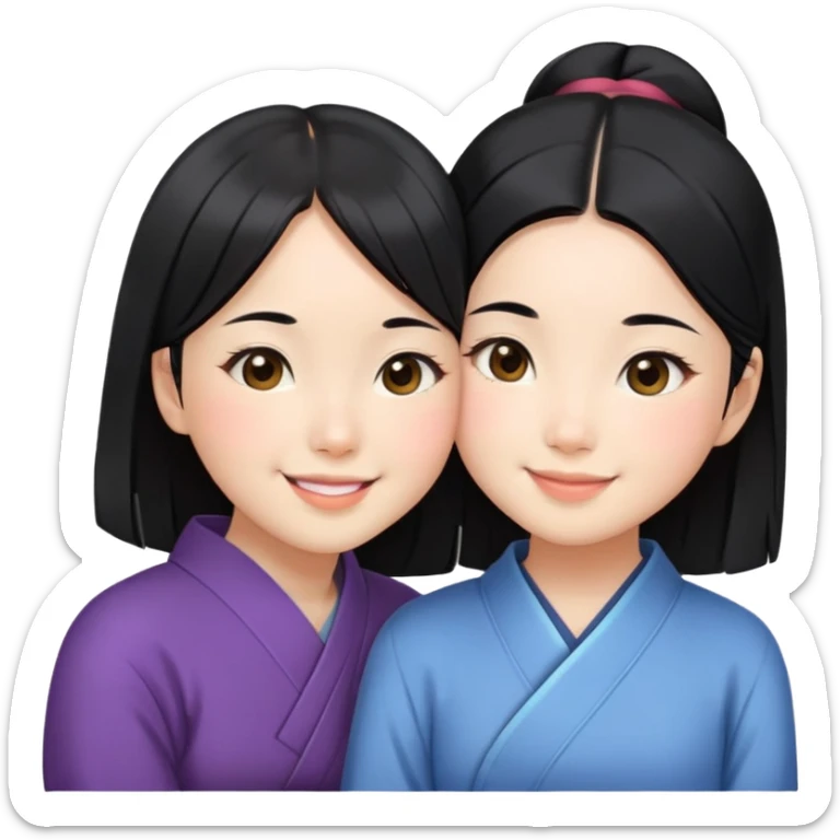 Two cute Japanese girls with straight black hair and East Asian features, faces pressed together cheek to cheek, smiling happily sticker