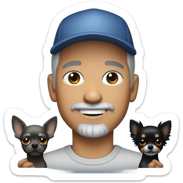 blue eyes gray hair gray goatee man in ball cap holding a black longhair chihuahua  sticker