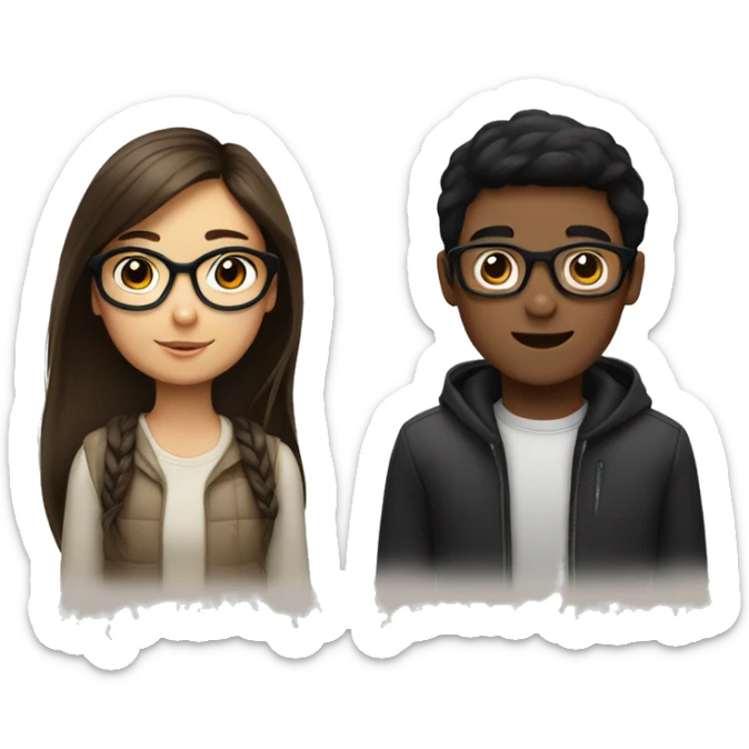 Girl with brown hair, glasses and a boy with black hair without glasses sticker