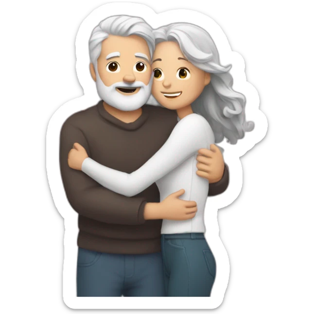 Man with gray hair and white beard hugs woman with dark brown hair with floating hearts sticker