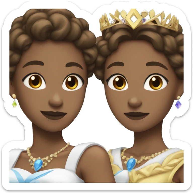 two lesbian queens in anime style with brown hair, one has black tiara and the other has blue tiara sticker