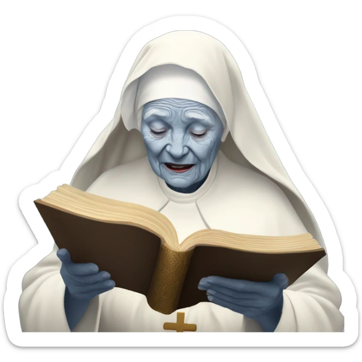 Old white nun with some wrinkles with golden blonde lots and lots of wringlets and she is reading the holy Bible scriptures with saphire blue eye colour  sticker