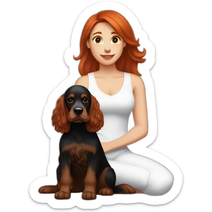 Red hair woman in white singlet sitting black and brown english cocker spaniel on her lap sticker