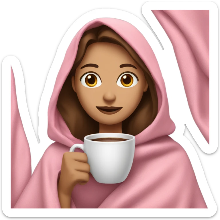 woman with brown hair and eyes in pink blanket holding cup of coffee sticker