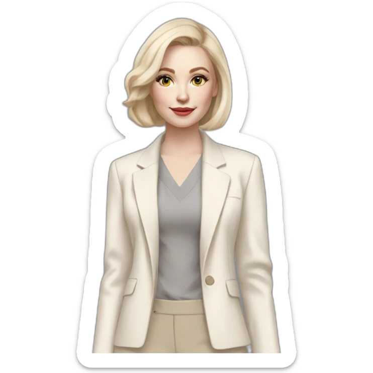 pale skin woman with ash blonde Straightened bob Hair, White Spacious classical jacket, beige palazzo Arrow pants and gray blouse holding a color palette in the hands sticker