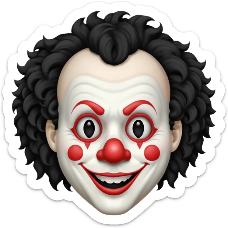 generate white clown mask emoji with a big curly black hair 

wide black coloured smile, no red nose but instead long and pointy white nose with no nostrils, pitch black eyes, no brows sticker