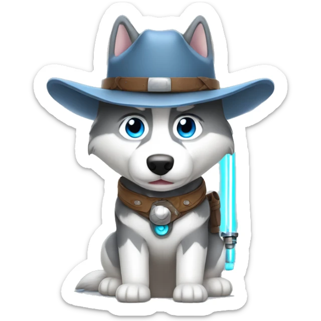 Gray Siberian Husky with blue eyes Jedi holding lightsaber cowboy hat  sticker