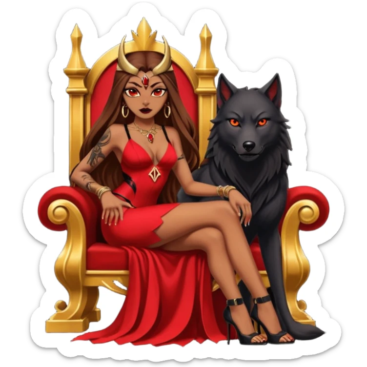 Caramel skin toned Lilith symbol seductress evil brown straight long hair haired, sexy succubus woman with red and black Chanel dress sitting on a Black and gold throne. A large black wolf laying beside her. Tattoos all down her arms sticker