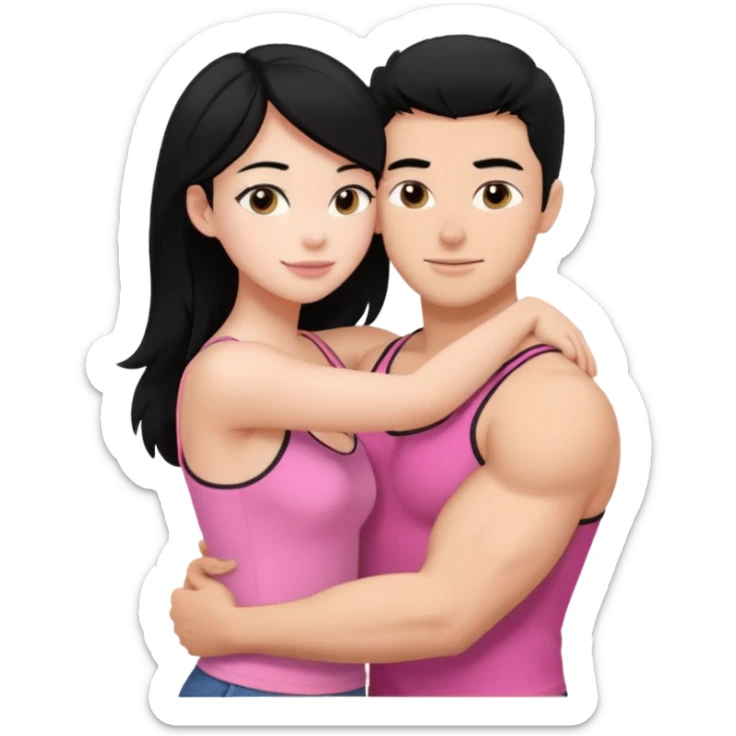 a pretty bratz fair girl. black hair, wearing a pink cami top hugging a handsome fair guy with black hair. lean but muscular sticker
