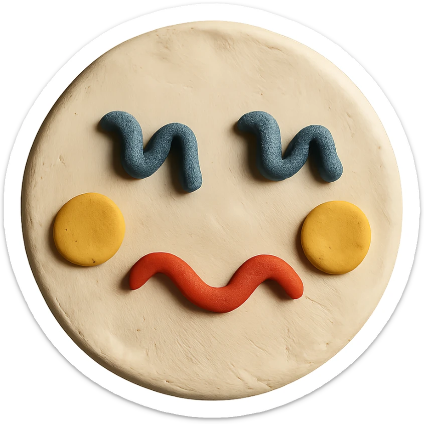 white circle face with squiggle lines for eyes and a mouth sticker