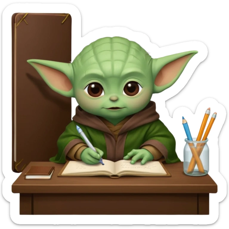 Baby Yoda con su tunica chocolate escribiendo en un cuaderno sobre un escritorio en un aula de clases sticker