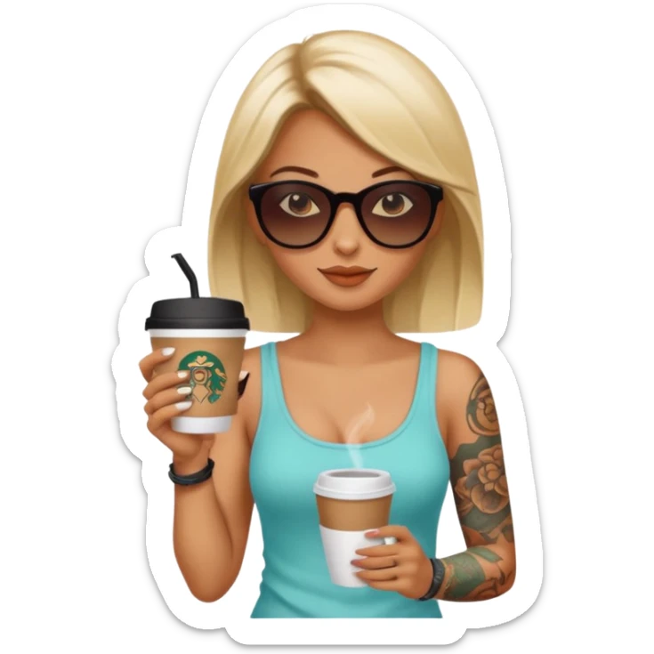 gözlük takan, dövmeli ve elinde kahve tutan, yaz kıyafetli bir kadın sticker
