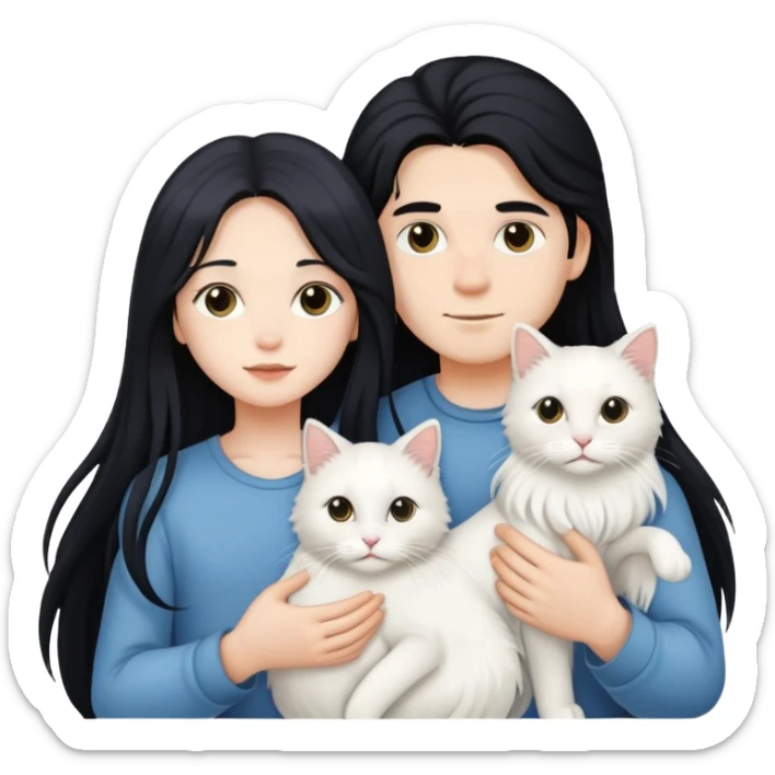 A young boy and a girl with long black hair holding a white long-haired cat sticker