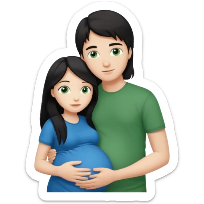 Make a couple emoji they are 18. The girl has long black hair and blue eyes and is hugging a pregnant boy with brown hair and green eyes they are both wearing the same colour top.  sticker