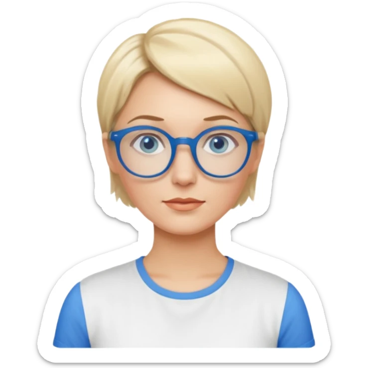 femme 40 ans cheveux courts garçon blond avec raie sur le coté, yeux bleu et lunettes rondes bleues sticker