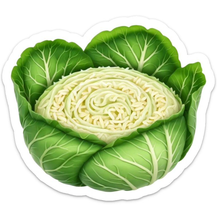 Emoji of sarmale: a small rolled cabbage leaf, pale green and slightly wrinkled, with a visible meat-and-rice filling, simple rounded emoji style, warm and cozy. sticker