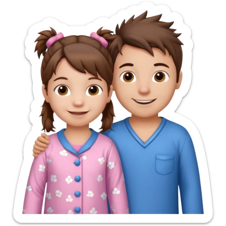 A toddler girl with brown hair with two pig tails, wearing pink pajamas and a bigger 4 year old boy with spikey brown hair, wearing blue pajamas. Both light skin and smiling.  sticker