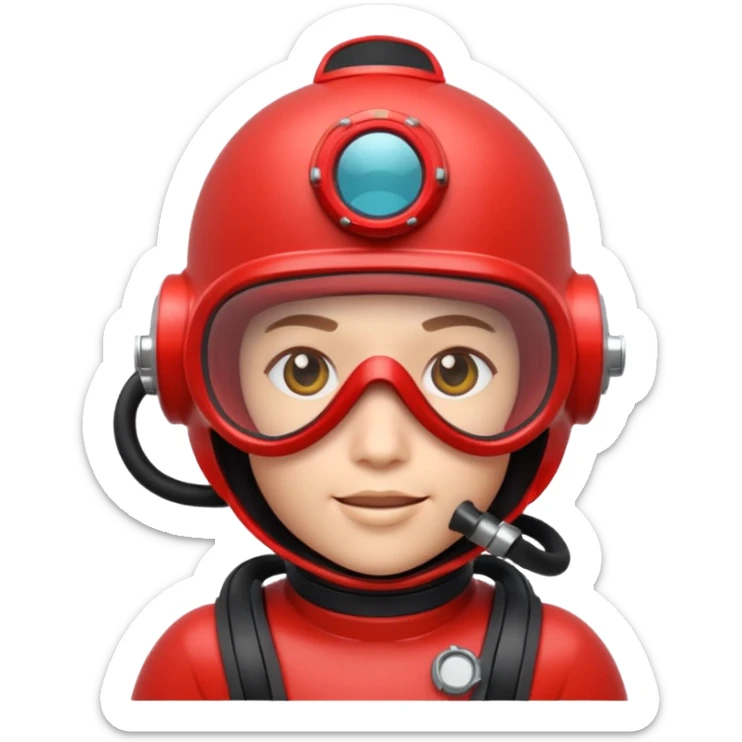 3D cartoon-style human character in the Apple emoji style, wearing a red scuba diving helmet with glass visor sticker