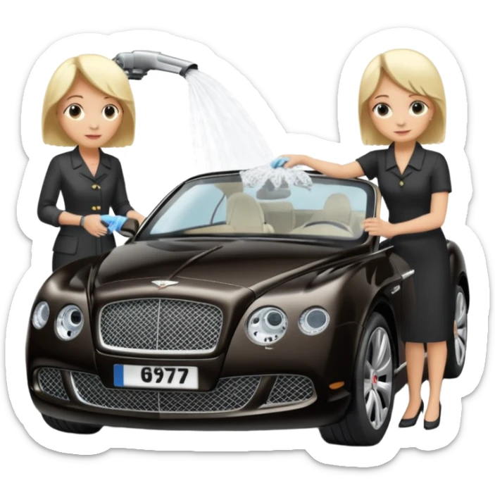A old blond lady washing a black Bentley car. show the full car and the lady next to it. show the face smaller and the person standing beside it sticker