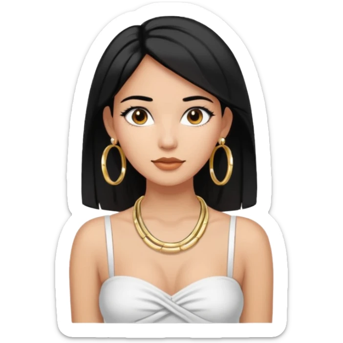 latina makeup olsun, saçları düz, halka küpeler büyük gümüş renginde olsun, kolye taksın ve beyaz bir Bandeau top kıyafet giyisin sticker