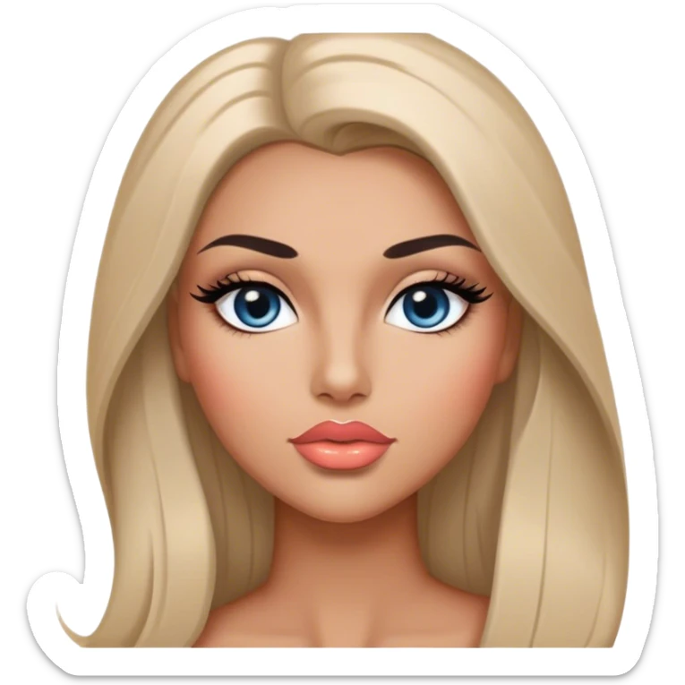 Glamours, tanned, very beautiful girl, with big pump peach-beige-rose lips, long long lashes, black straight smooth silky long hair, straight parting hair, blue-grey eyes sticker