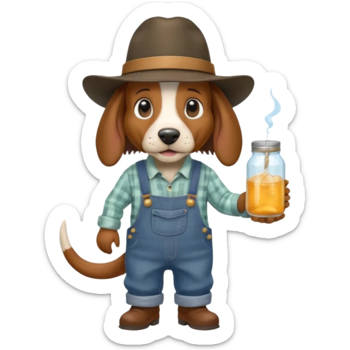 toothless hillbilly basset hound wearing a stetson and dungarees carrying moonshine sticker