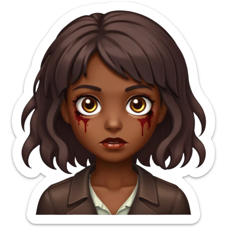 menina zumbi, cabelos castanho escuro com mechas chocolate, olhos castanhos escuro, cabelo ondulado nas pontas, e franjão  sticker