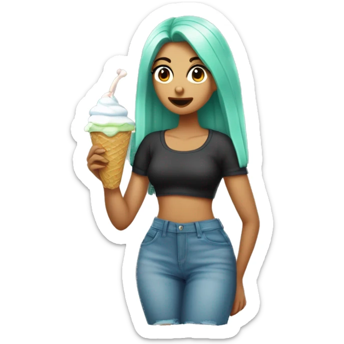 Chica comiendo helado la chica tiene camiseta verde menta y falda azul, leotardos blancos y botas negras sticker